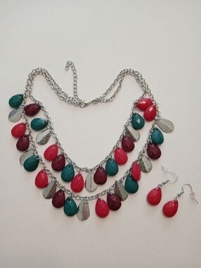 #1198. Pink, Purple, Green & Silver Toned Acrylic, Necklace And Earring Set